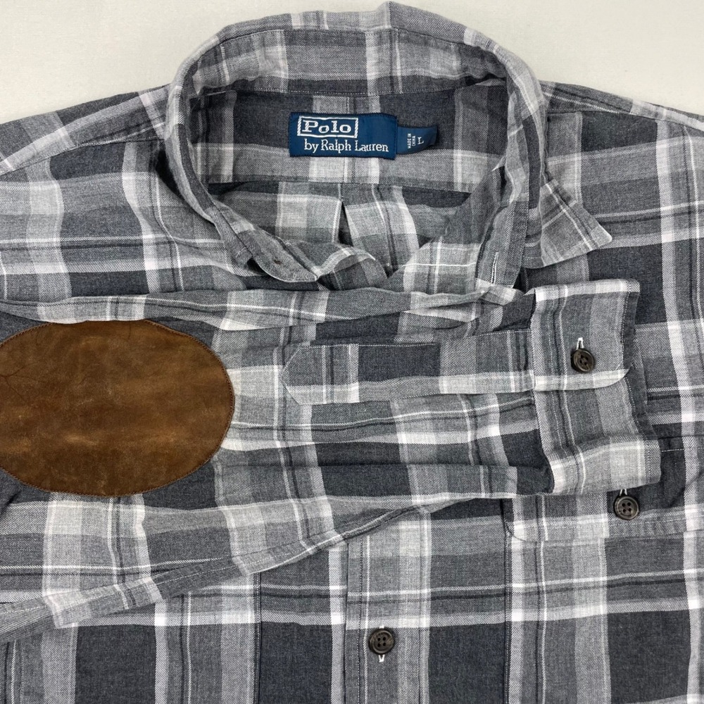 Polo Ralph Lauren Mens Flannel Shirt Grey Plaid Suede Elbow Patches Large 0089
